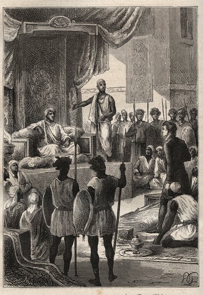 A Journey (1792-1795) to Egypt and the Near East av William George Browne (1768-1813): Browne möter Sultanen av Darfur Ald el Raschman (Abd-er-Rahman, känd som El-Rachid eller den rättvisa), kl. El Fasher (Al-Fashir, Sudan) 1793 - illustration från "The Gr av Unknown artist