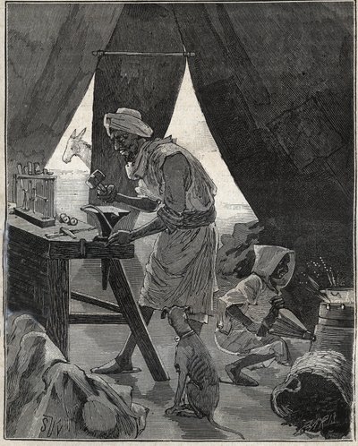 En kabylsk juvelerare i Algeriet på 1800-talet. Gravyr från 1885 i "" Les arts et metiers illustres"" av Adolphe BITARD. av Unknown artist