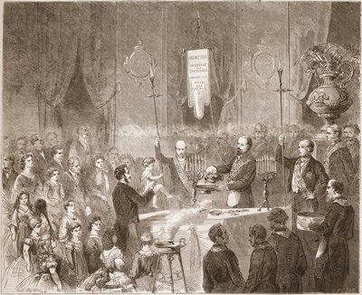 En Maconnic Bapteme i logen i Fraternelle Amitive 1861. av Unknown artist