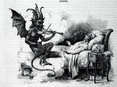 En Satyre som spelar fiol framför Giuseppe Tartini (1692 - 1770), italiensk kompositör, violinist och teoretiker. Gravyr av 1800-talet. av Unknown artist