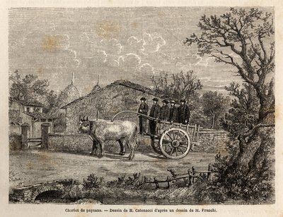 En Sienesisk vagn med bönder, har två hjul, för transport av vinfat, dragna av ett par små vita oxar. Gravyr för att illustrera en resa till Siena (Italien) 1865, i "" Le tour du monde, nouveau journal des voyages"" publicerad under dir. av Unknown artist