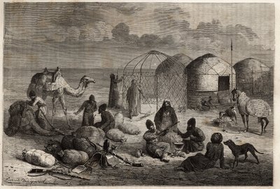 Ett turcomansk läger i gränsområdet mellan Turkestan och Persien, varje tält, som består av träspaljéer och täckt med filt, hyser en familj. Gravyr för att illustrera historien om Henri de Blocqueville "14 mois de captivite chez les turcomans"" mellan 1860 av Unknown artist