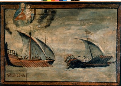 En turkisk galär förföljer en galär från kungariket Neapel. Ex-voto av 1600-talet. Kyrkan Madonna dell