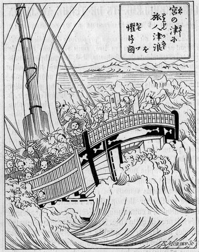 En bakgrundsvåg bildad av en jordbävning. Fac simile (Fac-simile) av en gravyr från ett japanskt verk om jordbävningar. Gravyr i "" La Nature: revue des sciences et de leurs applications aux arts et a l