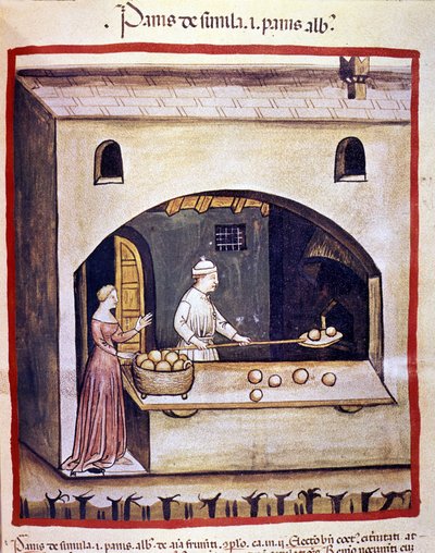 En bagare förbereder vitt bröd och mannagrynsbröd. Belysning från mjölkning av medicin och diet "" Tacuinum sanitatis"" av Unknown artist