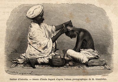 En frisör som arbetar på gatorna i Calcutta. Gravyr för att illustrera resan i Indiens meridionalprovinser, av Alfred Grandidier, 1862-1864, publicerad i "" le tour du monde", redigerad av D