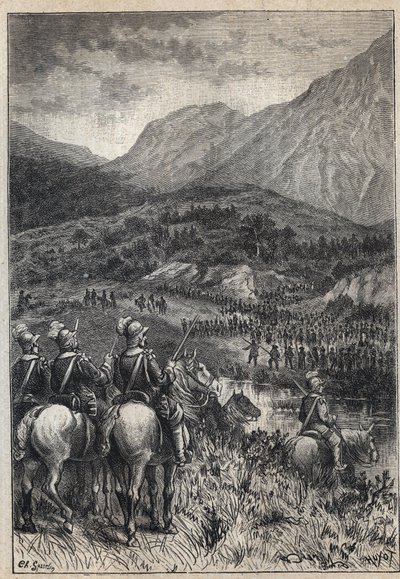 Ett slagfält - 1800-talsillustration till den historiska romanen "The Puritans of Scotland" (Old Mortality) av Walter Scott (1771-1832) av Unknown artist