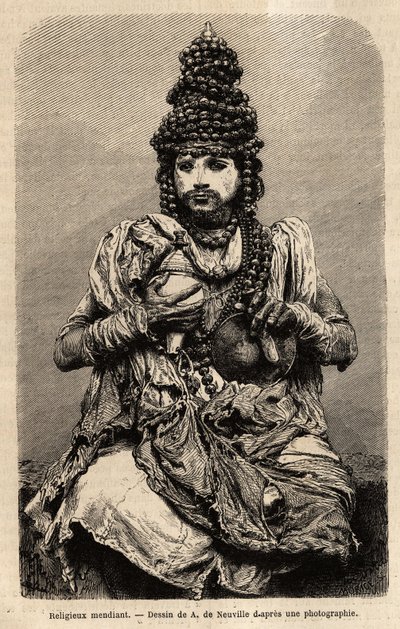 En tiggare religiös. Gravyr för att illustrera resan i Indiens meridionalprovinser, av Alfred Grandidier, 1862-1864, publicerad i "" le tour du monde", under ledning av D