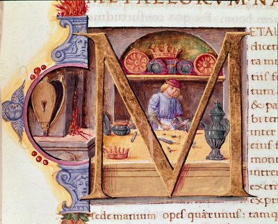 En smed på jobbet i sin verkstad. Mansucrit "Natural History"" av den romerske författaren och naturforskaren Plinius den äldre (23-79 e.Kr.) 1400-talets Venedig Biblioteca Marciana av Unknown artist