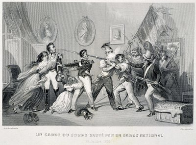 En livvakt räddar av en nationalgarde (29 juli 1830) - i "Fasttes de Gardes nationales de France" av Unknown artist