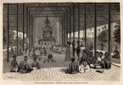 En prästvigningsceremoni i ett tempel i närheten av Angkor, Kambodja. Gravyr för att illustrera upptäcktsfärden i Indokina, av Francis Garnier, löjtnant de Vaissseau, 1866-1868, publicerad i "" Le tour du monde""" 1870-1871, redigerad av av Unknown artist