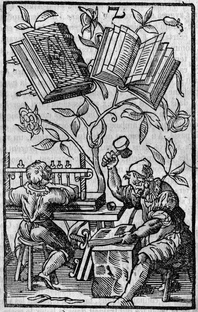 En bokbindarverkstad under medeltiden. av Unknown artist