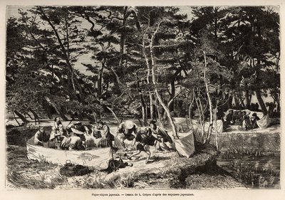 En borgerlig picknick (eller picknick) i förorten till Edo (dagens Tokyo), inne i en tyginhägnad delar gäster, vanligtvis två familjer, sin måltid och passar ofta för tillfället för musiker, dansare och pantomimer. Gravyr för att illustrera resan av Unknown artist