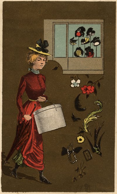 En borgerlig kvinna med hattask, anonym kromolitografi, sent 1800-tal. av Unknown artist