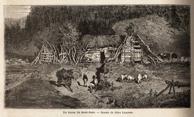 En burk av Mont-Dore (Mont Dore), en byggnad belägen i bergsbetesmarkerna i centrala Frankrike, fungerar säsongsmässigt, används för att göra ost från maj till oktober och för att hysa kor. Gravyr för att illustrera resan till vulkanerna i centrala Frankri av Unknown artist