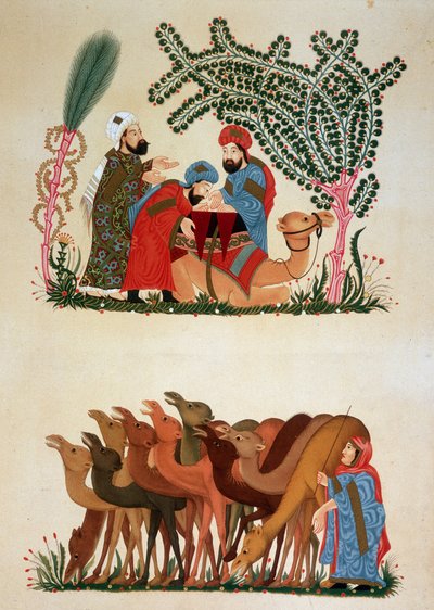 En husvagn i farten. Illustration av 1200-talet av "" Maqamat"" (Seances) av Abu Mohammed al-Kasim ibn Ali Hariri (eller Al-Hariri eller Al Hariri) (1054-1122) i "" Arab Art"" från monumenten i Kairo från 700-talet till 1700-talet av P av Unknown artist