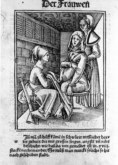 En förlossning. Xylografi av Konrad Merkel efter "De gravida kvinnorna och barnmorskorna Rosengarten", Hagenau av Unknown artist