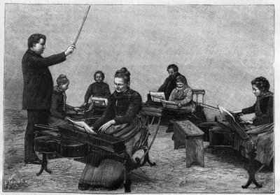 En monocordkonsert utförd av unga flickor. Gravyr i "" Nature. Granskning av vetenskap och dess tillämpningar på konst och industri. av Unknown artist
