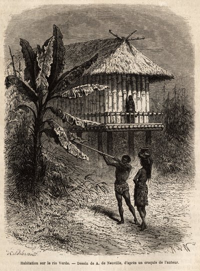 Ett par indianer från Rio Verde (Brasilien) mannen med sin sarbacan, framför ett typiskt hus på pålar. Gravyr för att illustrera resan till New Granada, av Dr. Saffray, 1869, publicerad i "" Le tour du monde""" 1873, redigerad av Edouard Charton, e. av Unknown artist