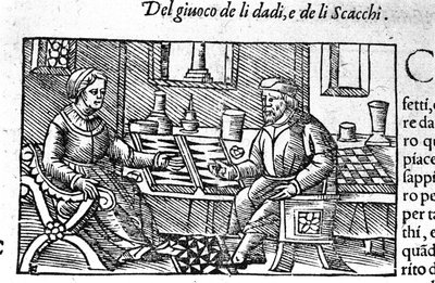 Ett par som spelar tärning. Gravyr efter "Historia de gentis septemtrionalis" av Olaus Magnus, Rom 1560. av Unknown artist