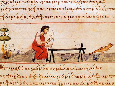 En hantverkare som arbetar med elfenben. Miniatyr från jaktbranschen "" The Cynegetics"" av Oppian (Oppian eller Oppianus) från Syrien (3:e århundradet e.Kr.) tillägnad Caracalla. 1000-talets Venedig. Biblioteca Marciana av Unknown artist