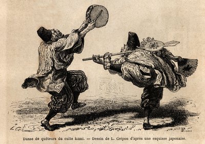 En dans av Kami-kultens överföring, med recitation av litanier och oväntade koreografiska figurer. Gravyr för att illustrera resan till Japan, av Aime Humbert, minister för Schweiziska edsförbundet, 1863-1864, publicerad i "" le tour du monde"", av Unknown artist