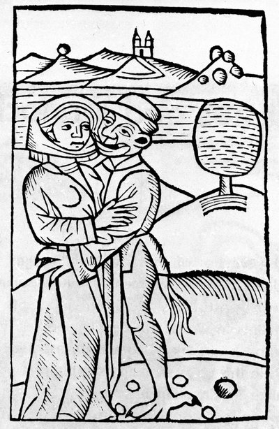 En demon kysser en häxa. Tysk xylografi från 1500-talet av Unknown artist