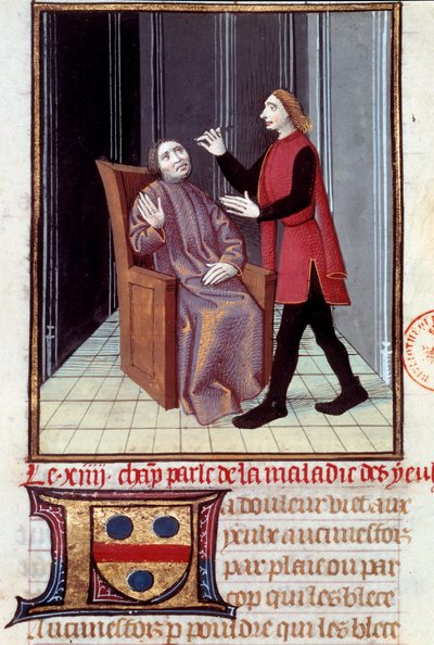 En läkare som opererar ögat på sin patient Miniatyr taget från "" Histoire de la medicine"" 1500-talets Paris, B.N. av Unknown artist