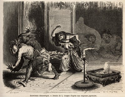 En inhemsk exorcism, ceremoni av oni arahi, husets överhuvud klädd i sina finaste kläder, svärd på bältet, går vid midnatt i bitarna av sitt hus och kastar rotiesfeber för att driva ut demoner och locka till sig rikedomens gud och hans följeslagare, w av Unknown artist