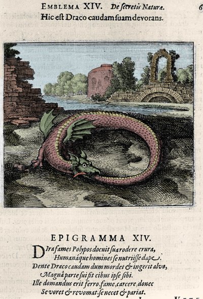 En drake som slår sin svans (eller Ouroburo (?)). Tallrik tagen från alkemins vandring ""Flying Atalanta är den symboliska romanen om naturens hemliga kemi" av Michel Maier (1568-1622) av Unknown artist