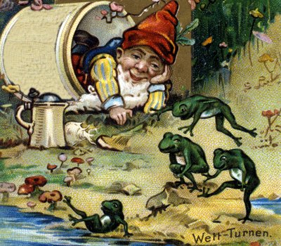 En dvärg eller farfadet som leker med grodor. 1800-talets kromolitografi. av Unknown artist