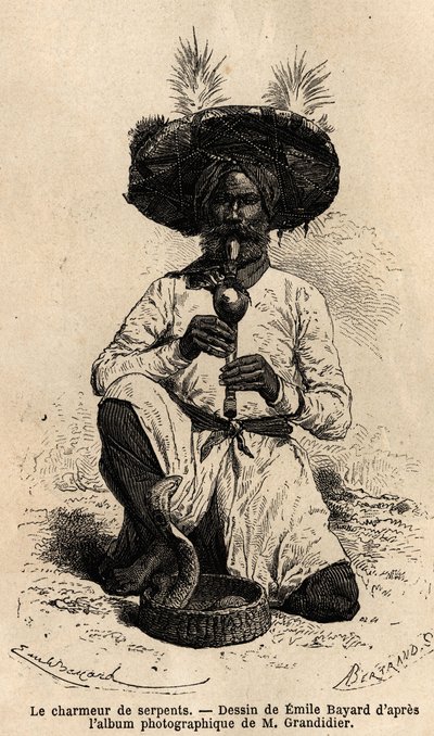 En fakir, ormtjusare. Gravyr för att illustrera resan i Indiens meridionalprovinser, av Alfred Grandidier, 1862-1864, publicerad i "" le tour du monde", under ledning av D