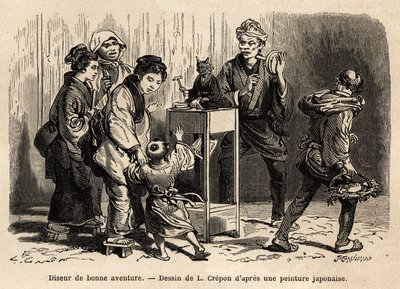 En spåkvinna på gatorna i Edo (numera Tokyo). Gravyr för att illustrera resan till Japan, av Aime Humbert, minister för Schweiziska edsförbundet, 1863-1864, publicerad i "" le tour du monde", under ledning av Edouard Charton, Hachette, Pari av Unknown artist