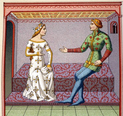 En galant scen under medeltiden: en ung man uppvaktar en prinsessa. Faux college efter ett manuskript. 1800-talet. av Unknown artist