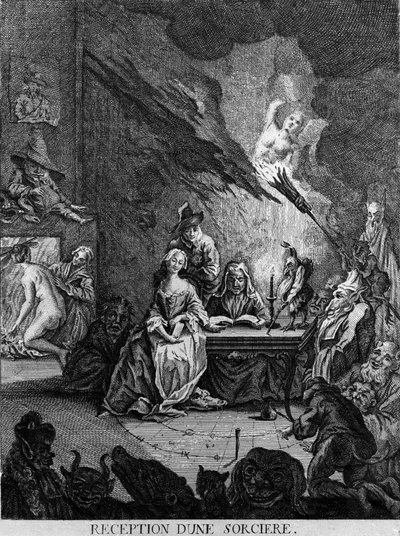 En flicka tas emot av en häxa, omgiven av monstruösa varelser (vid en initieringsceremoni?). Gravyr av 1600-talet av Unknown artist