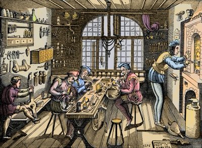 En guldsmedsverkstad - Hantverk: utsikt över verkstaden av Etienne Delaune (1518-1583), guldsmed, fransk tryckare. Gravyr efter original från 1576. Verkstad av Etienne Delaulne, guldsmed i Paris av Unknown artist
