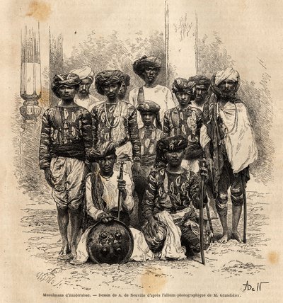 En grupp muslimska män i Haiderabad, Pakistan. Gravyr för att illustrera resan i Indiens meridionalprovinser, av Alfred Grandidier, 1862-1864, publicerad i "" le tour du monde", under ledning av D