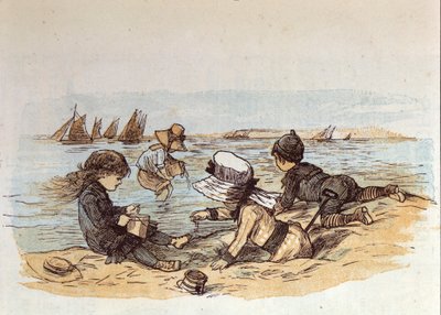 En grupp barn som leker vid vattnet på sanden. 1881 av Unknown artist