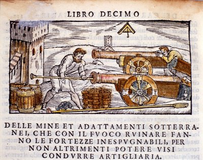 En skytt laddar en pistol med sprängämnen. Gravyr från den metallurgiska mjölkningen "" De la Pyrotechnia"" (eller Pirotechnia) av Vannoccio Biringuccio (1480-1539) 1550. av Unknown artist