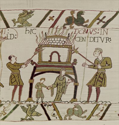 Ett hus är bränt av normanderna, Bayeux Tapestry (ullbroderi på linne) av Unknown artist