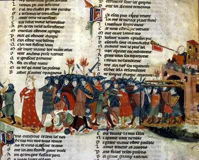 En kung tas till fånga och förs bort av fiendens armé medan offren för striden ligger på marken. Miniatyr av "Roman de Troy"" av Benoit de Saint Maure. 1300-talets Biblioteca Marciana, Venedig av Unknown artist