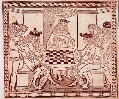 En kung tittar på ett schackspel Xylografi från framsidan av "De Ludo Scorcorum" av Jacopo de Cessoles (1300-talet) Venedig Biblioteca Marciana av Unknown artist