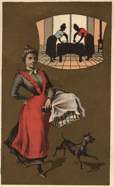 En tvättmaskin som bär tvätt i en korg. Anonym kromolitografi, sent 1800-tal. av Unknown artist