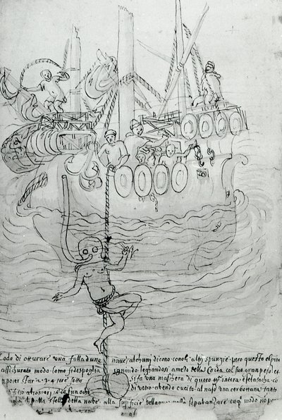 En man försöker reparera skrovet på en båt med en mask. av Unknown artist