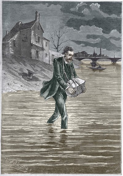 En man som tar livet av sig genom att kasta sig i vattnet, en sten runt halsen, för att dränka sig själv - gravyr av Unknown artist
