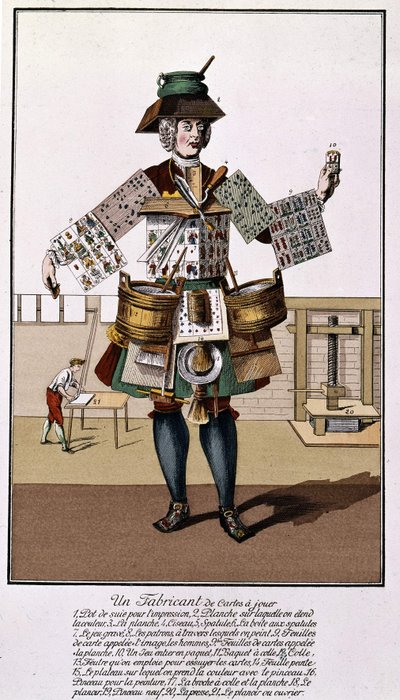 En tillverkare av spelkort. Gravyr från 1600 - 1700-talet efter "The Playing Cards". av Unknown artist