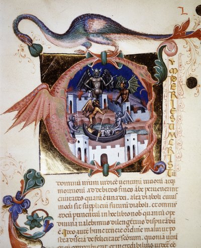 En bokstav i miniatyr "A" som representerar djävulens stad. 1300-talsmanuskript "" De Civitate Dei"" av Saint Augustine. Biblioteca Comunale di Rimini av Unknown artist