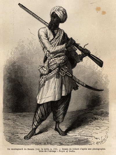 En bergsbestigare från Hazara (Punjab, Indien). Gravyr för att illustrera resan till Pandjab och Kashmir, berättelse av Guillaume Lejean, 1866, publicerad i "Le tour du monde, nouveau journal des voyages", under ledning av Edouard Charton av Unknown artist