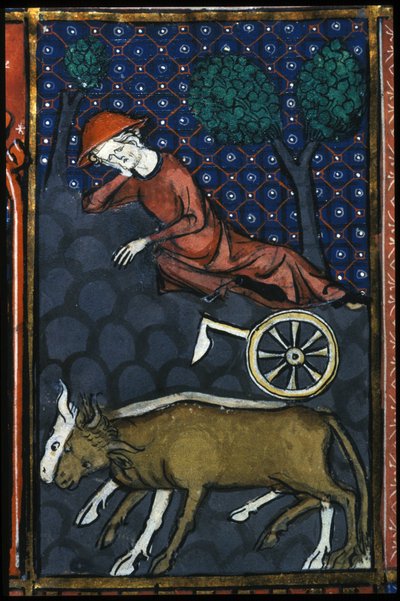 En bonde som vilar, bredvid honom oxar och en miniatyrplog från 1300-talet. av Unknown artist