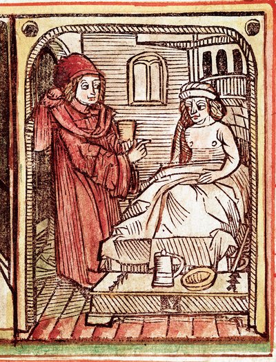 En läkare ger sin patient en behandling gjord med medicinalväxter Gravyr från "Tractatus de pestilentia"" 1400-talet - Prag, Nationalbiblioteket av Unknown artist